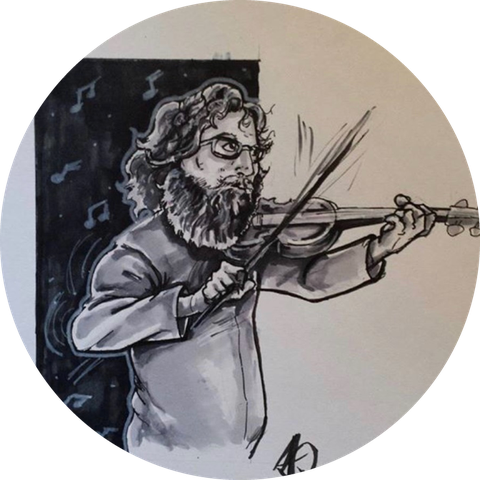 Round button with an ink drawing of a bearded violinist
